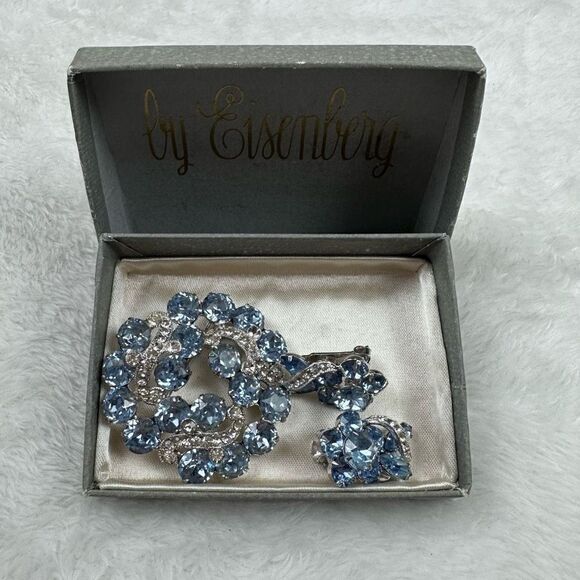 Vintage Eisenberg Womens Brooch Pin with Earrings Set Blue Stone Silver Tone - Picture 7 of 7